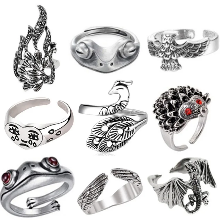 

Wholesale Vintage Silver Frog Rings Peacock Phoenix Skull Dragon Eagle Cross Statement ring for women men