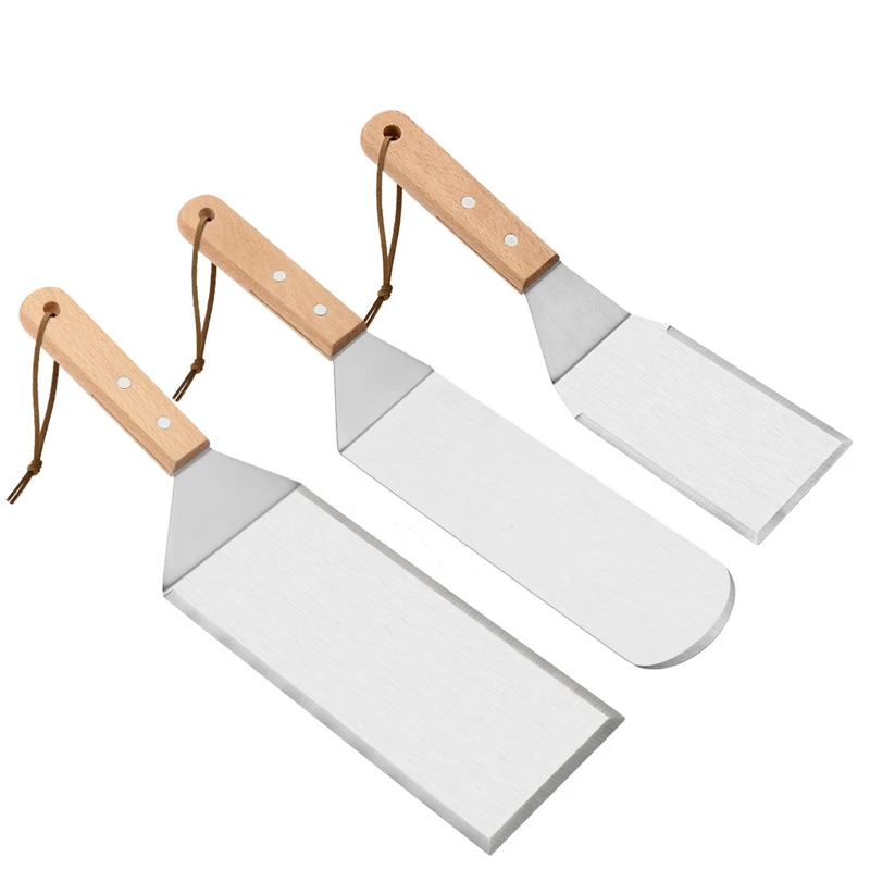 

Professional Griddle Spatula Scraper Tools Kit 3 Pieces Stainless Steel Griddle Spatula Set Wood Handle