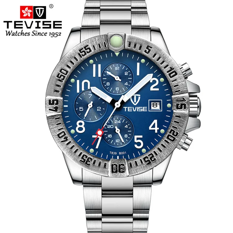 

Branded Blue Color Design Luxury Silver Steel 3 Dial Calendar Display Mens Watch Automatic Mechanical Sport Wrist Watches, Optional