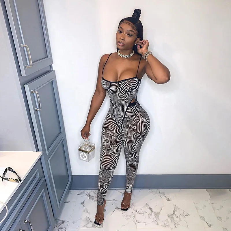 

S1738594 2021 New Arrivals Summer mesh sling bodysuits pants 2 two piece sets for women high street casual sexy suit female