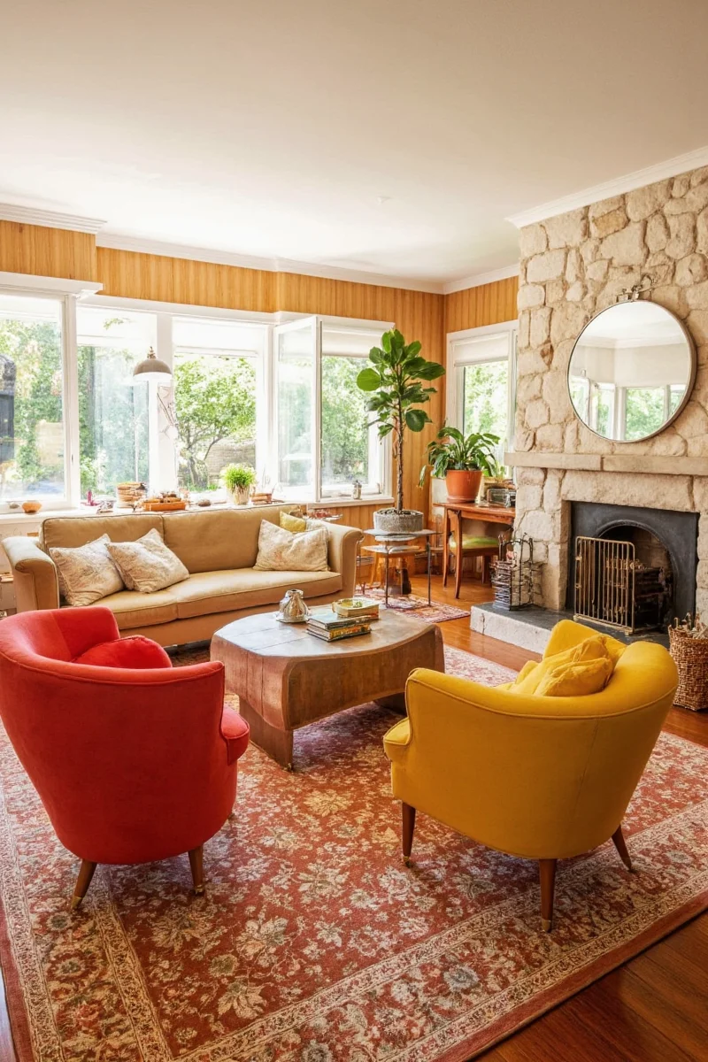 Final shot of a completed 1960s family-friendly living room