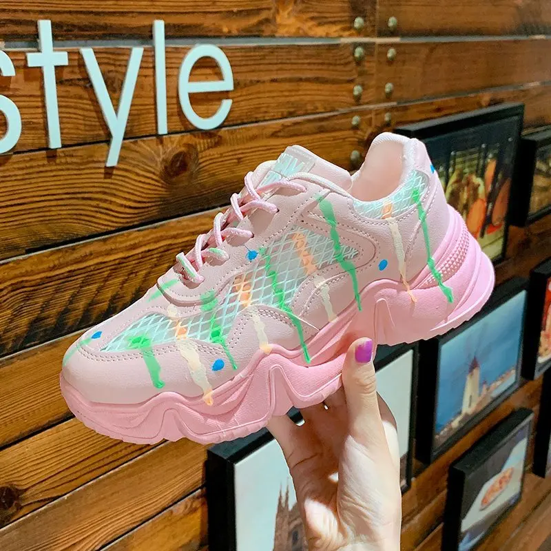 

New women outdoor Mesh breathable chunky shoes, Pink/green/orange