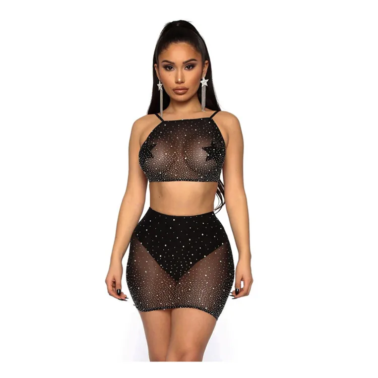 

PoeticExist Sexy Lingerie Hot Sale Club Dancer Elegant Black Transparent Rhinestones Night Dress, As pic