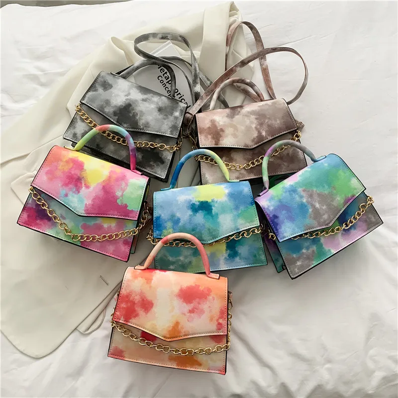 

Hot Sales Women Dyeing Colorful Pu Leather Hanging Chain Comfortable Handbag Bags Messenger Sling Shoulder Bag Handbags, As picture