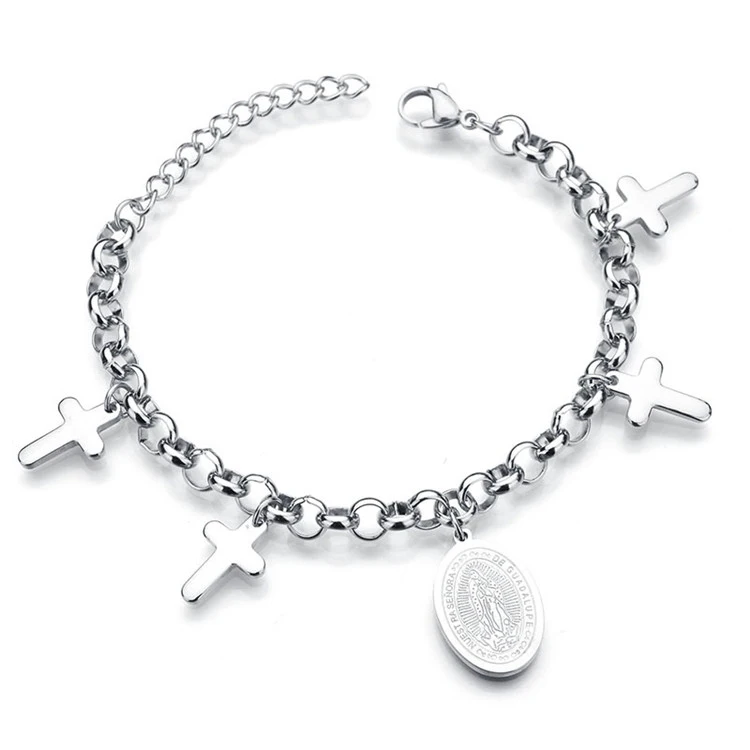

Women Stainless Steel Jesus Cross Bracelet Wristband Religious Retro Vintage Silver Tone Crucifix Virgin Mary Bracelet, As picture