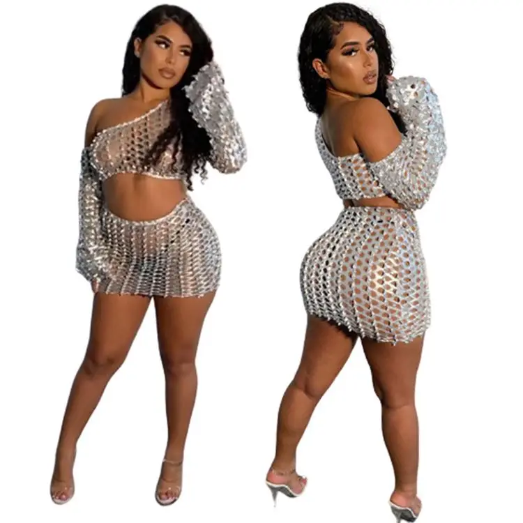 

High Quality 2021 New Arrivals Sexy Hollow Out Crochet Ladies Dress Set Long Sleeve Club Women Two Piece Skirt Set