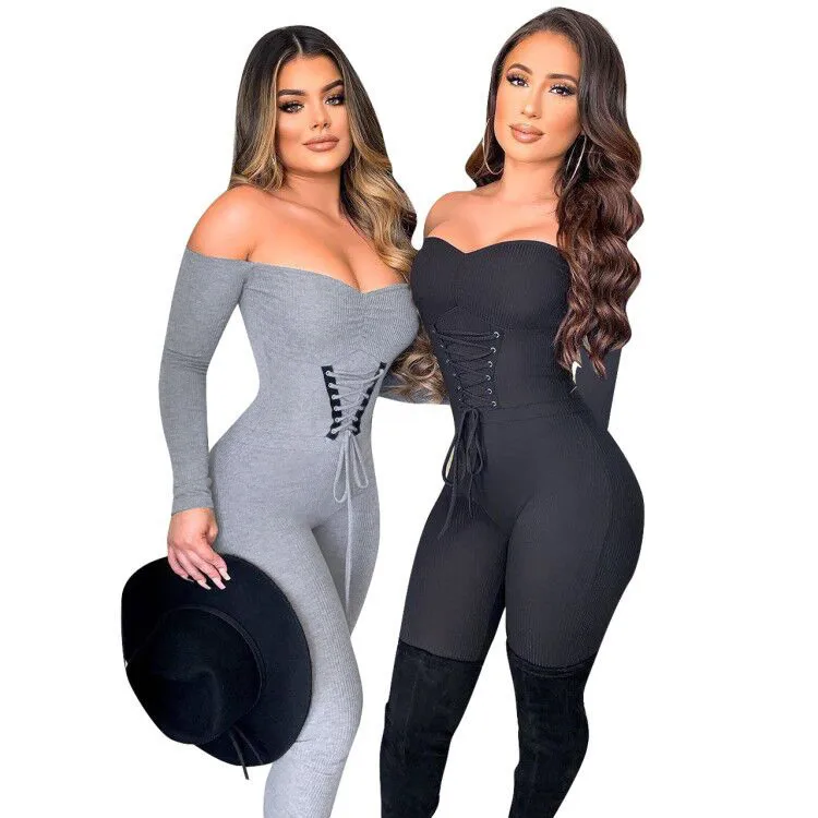

European And American sexy solid color Women'S Fall Strapless Eyelet Strappy one piece jumpsuits