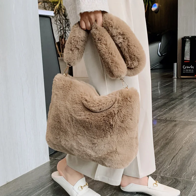 

2020 Winter Designer Plush Shoulder Bags Soft Fur Purse Women Large Capacity Ladies Handbags