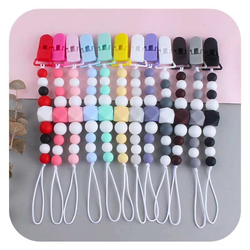 

Bpa Free Food Grade Silicone Beads Baby Pacifier Clip Infant Octagonal Round Silicone Teething Nipple Holder Chain