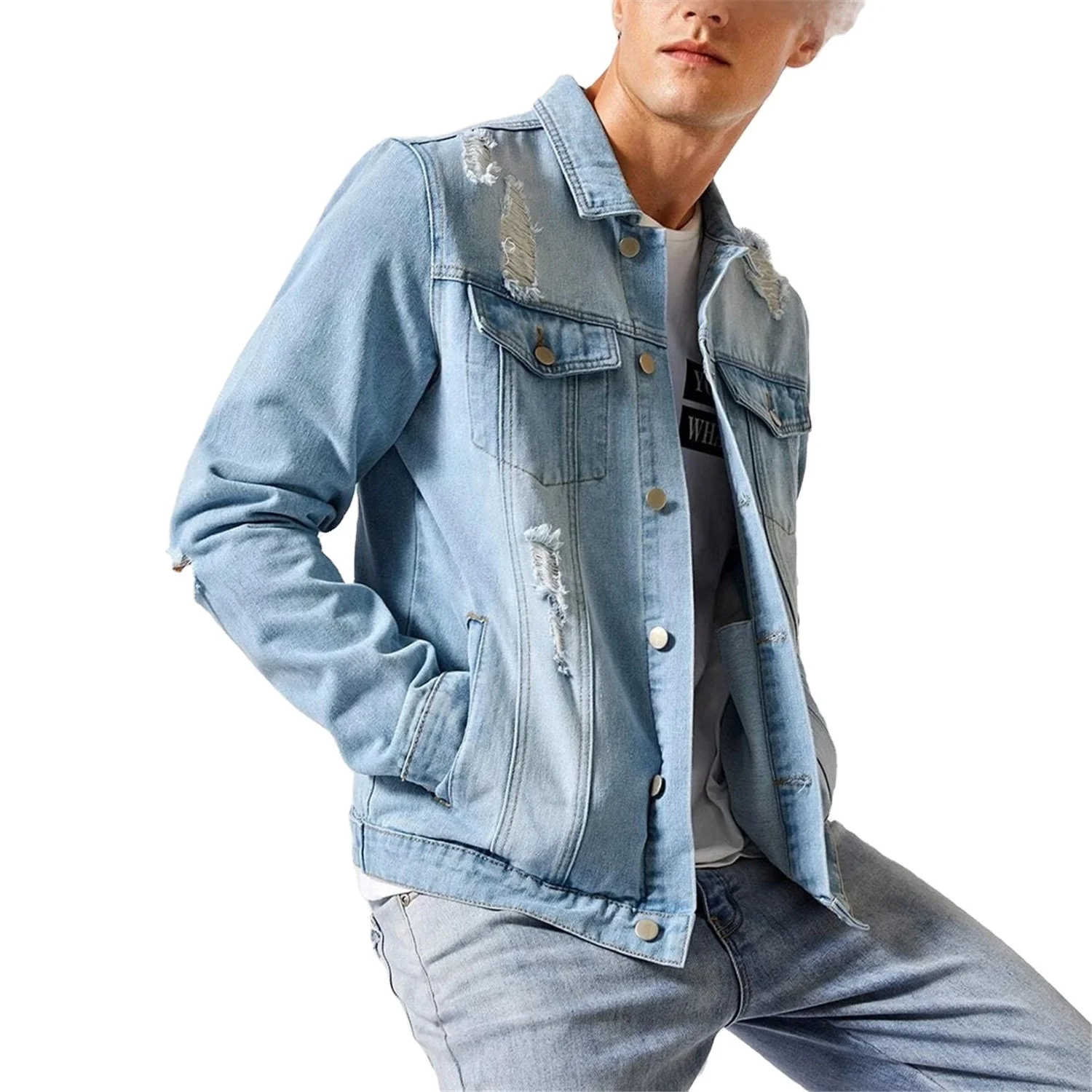 

SKYKINGDOM American hot sale denim jacket men custom winter oversize denim jacket light blue ripped jeans jacket