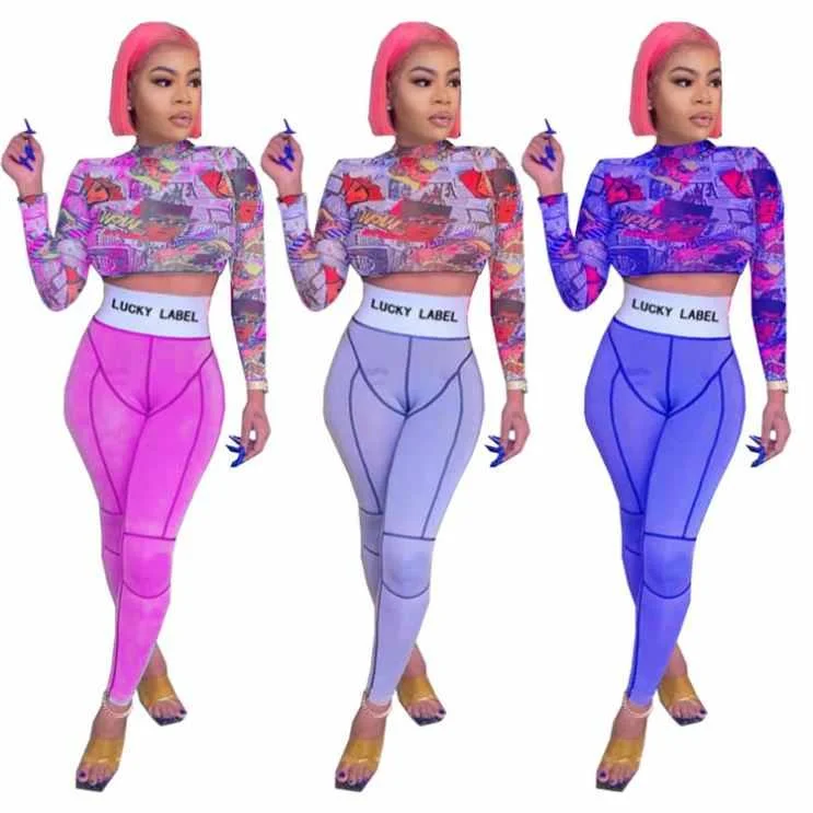 

Colorful Print Tops Fashion Casual High Waist Lucky Label Bodycon Two Piece Set Women Clothing Sets