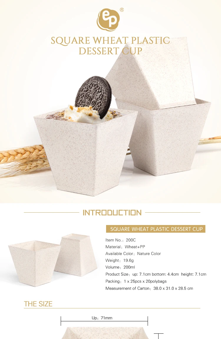 Best Selling ice cream square mousse plastic dessert cup biodegradable wheat straw cup