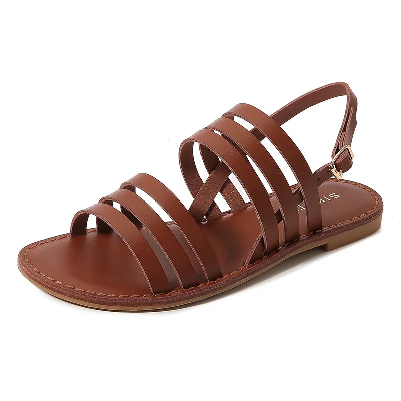 

S498F 2022 new all-match beach wind flat non-slip rubber outsole one word buckle Roman women's sandals