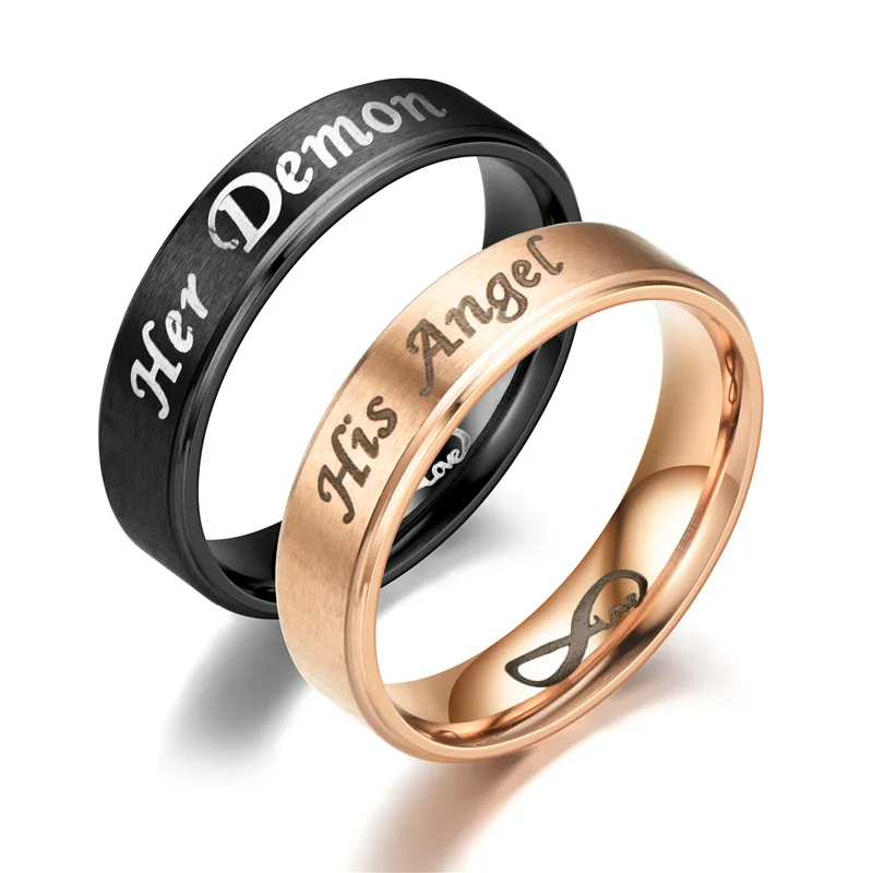 

Demon Angel Woman Men Rose Gold Romantic Anniversary Gift Couple Wedding Set Stainless Steel Heart Ring