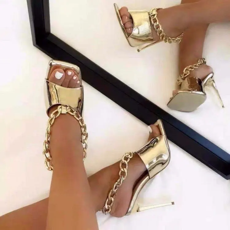 

2022 new spring and summer metal chain square toe high-heel stiletto sandals 43 size, Customized color