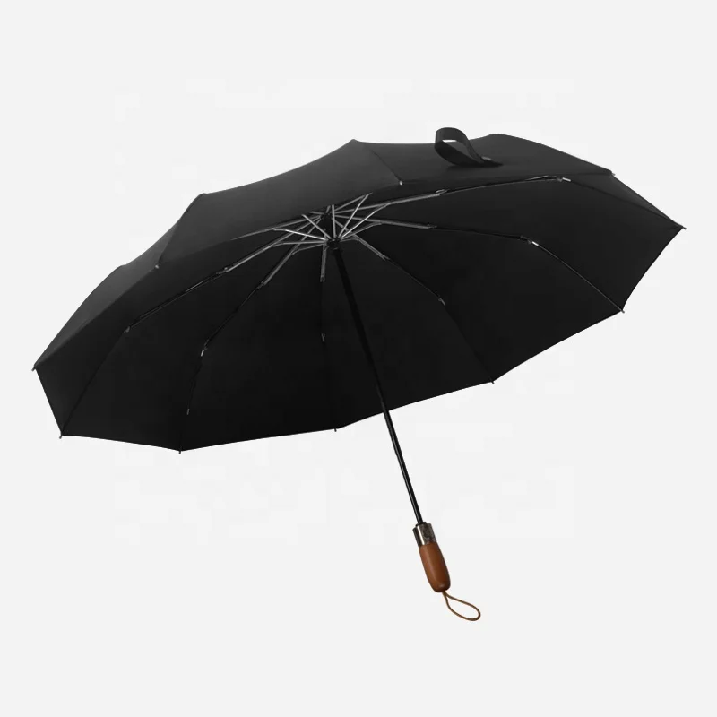 

NEW Auto open wooden handle umbrella 3 folding double layer umbrella with pongee fabric custom logo, Black & blue/accept customized color