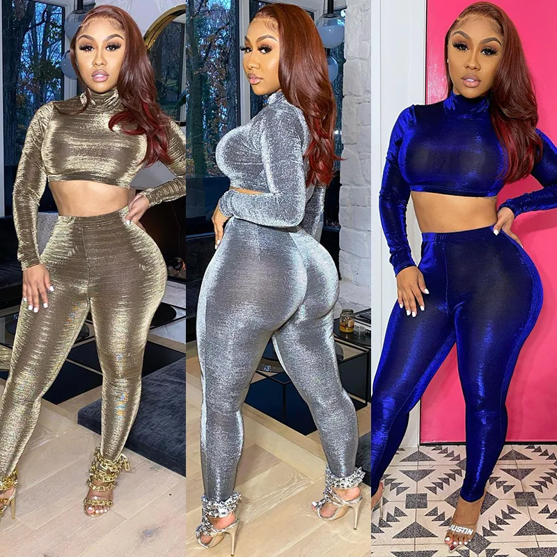 

2021 Spring Plus Size Women Clothing Sequin Two Piece Set Tracksuits Fashion Jogging Suits Wholesale Sexy Stack Pant 2 Piece Set