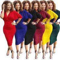 

2020 New Solid Color V Neck Batwing Sleeves Bodycon Women Elegant Wrap Dress Office
