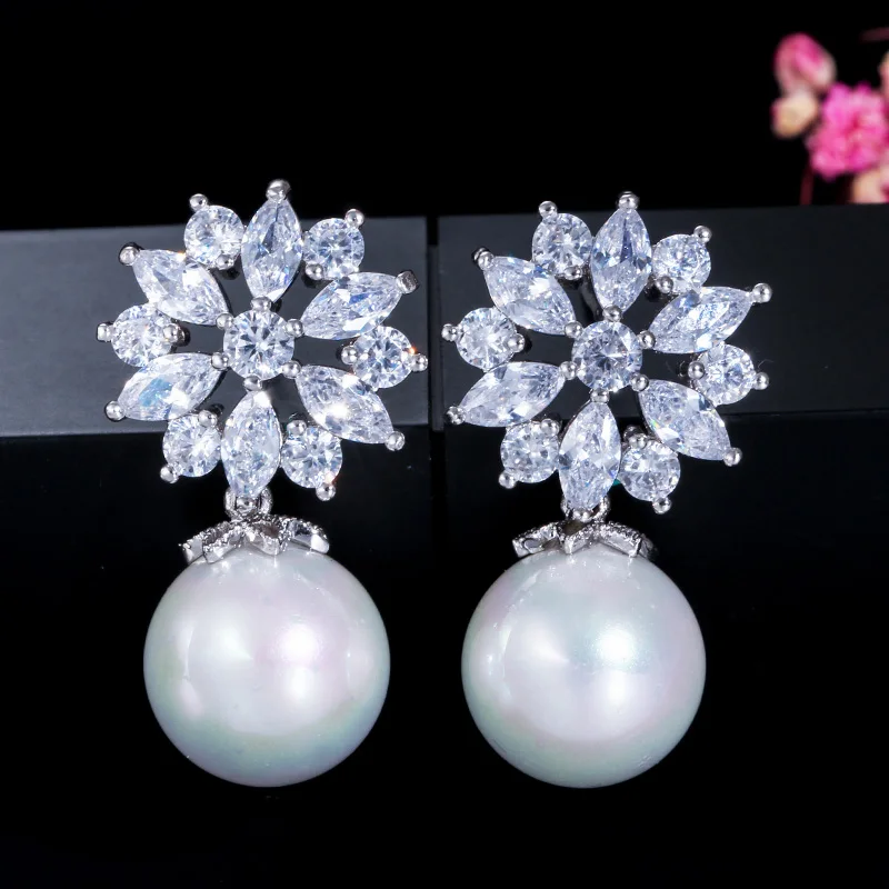 Fashion Jewelry Marquise Cut Cubic Zircon Flower Pendant Imitation Pearl Wedding Brides Dangle Drop Earrings for Women