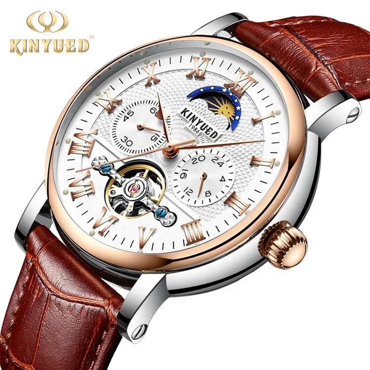 

KINYUED J029 popular products diamond genuine leather watch skeleton tourbillon wristwatches automatic mechanical watches, 4 colors