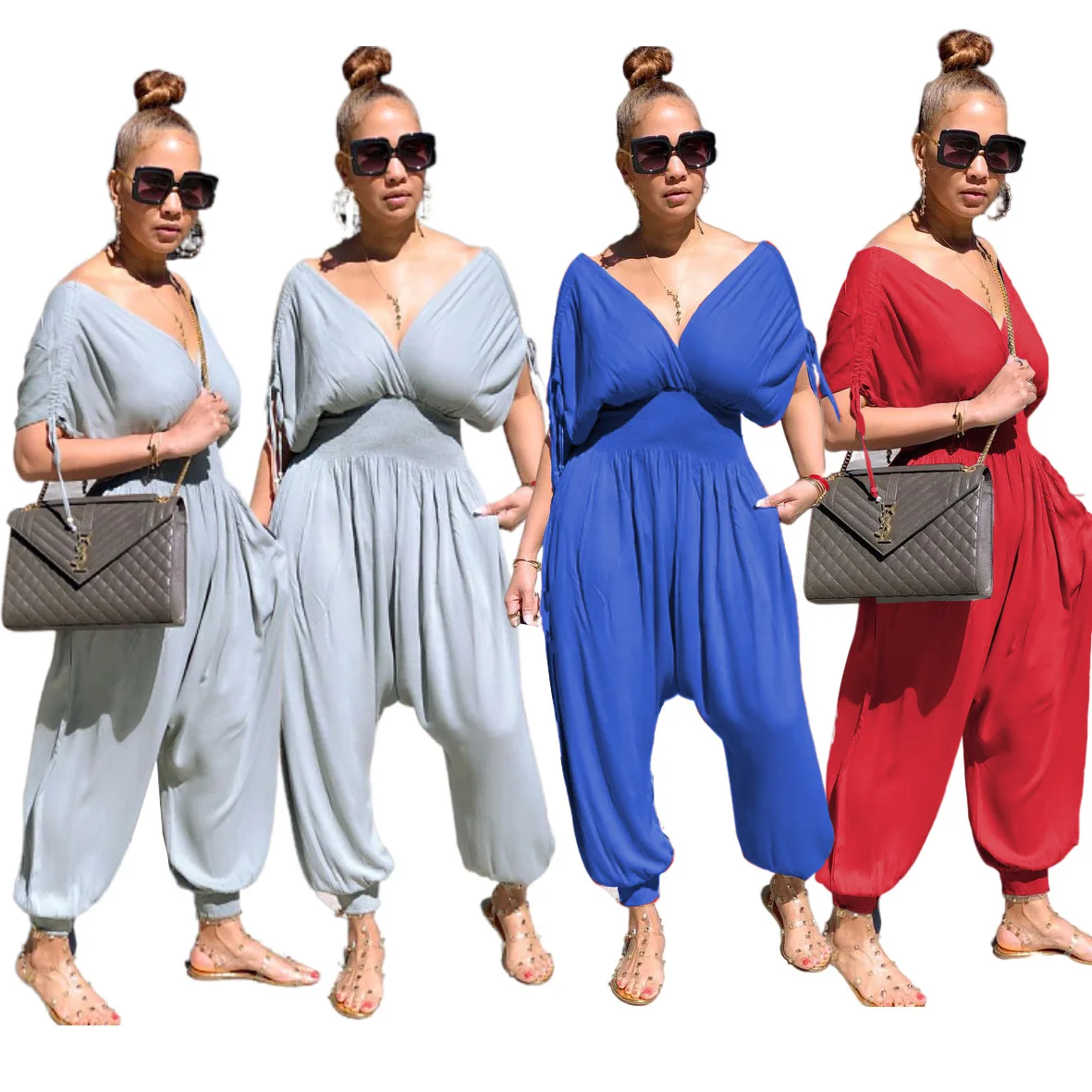 

Latest loose V neck drawstring trousers closed rompers women jumpsuit for women one piece jumpsuit, As picture