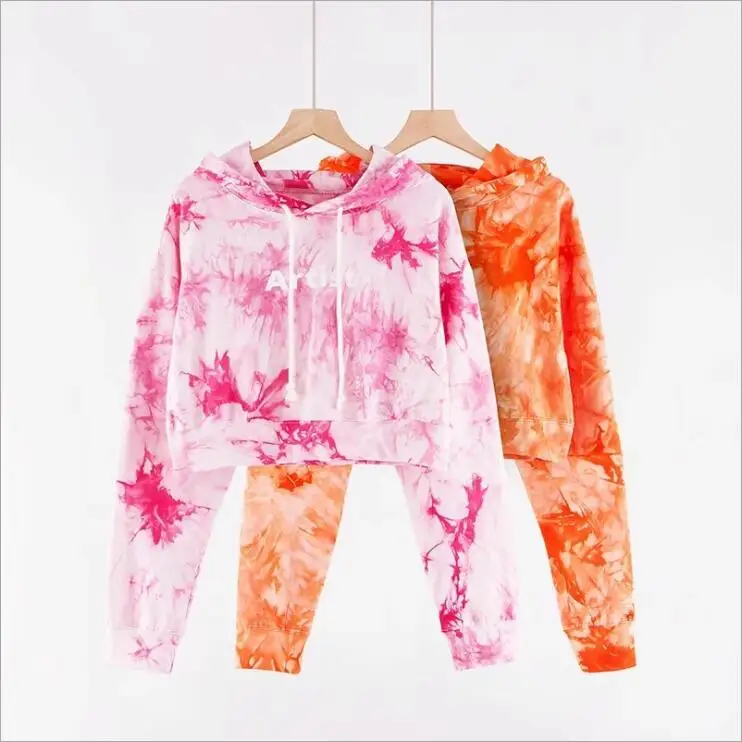

2021 New Style Autumn Lady Long Sleeve Cropped Pullover With Letter Printed Pullover Crop Women Red Tie Dye Hoodie, Colors
