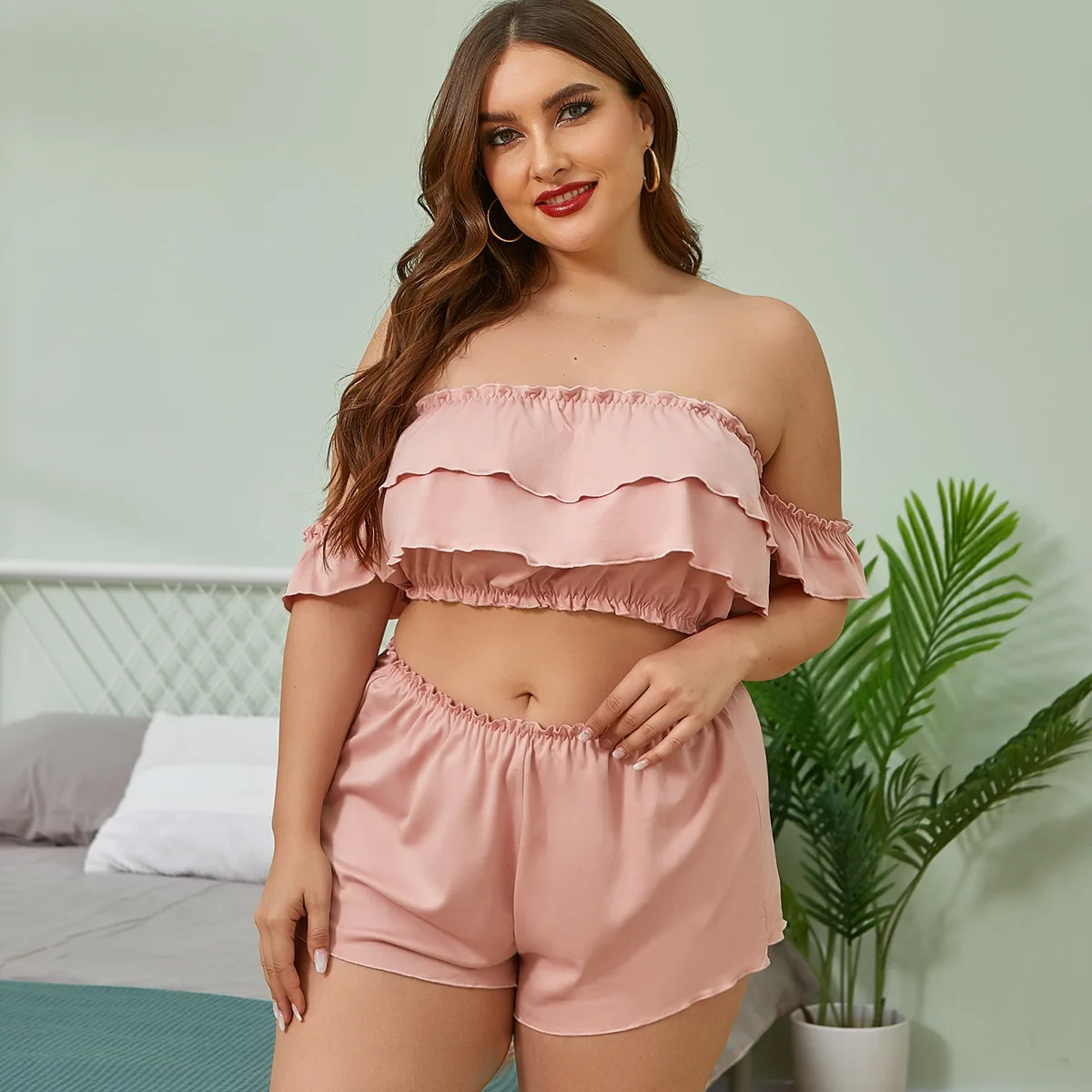 

Vendor Plus Size Young Girls Sexy In Bridesmaid Nighty Pyjamas Lingeries Fat Girl Sleepwear Shorts Lingerie Sets With Sleeves, Pink