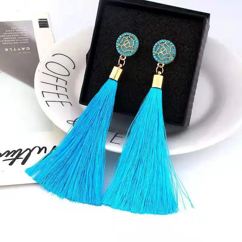 

Wholesale high quality bohemian handmade multicolor silk fringed long tassel earrings earing, Picture shown