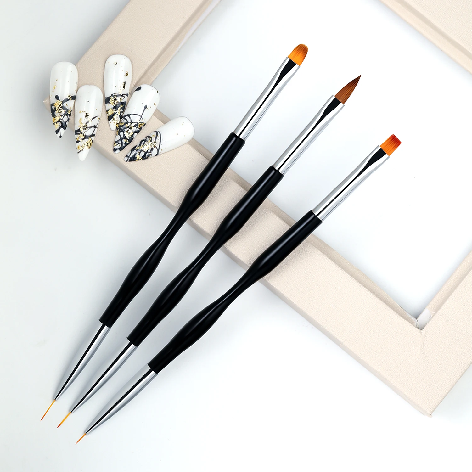 

Missbloom 3Pcs double side Black acrylic nail art brushes UV Gel design brush got out line nail art pen set, Black and silver