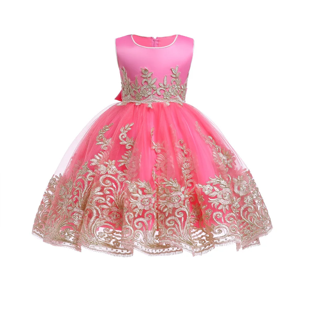 

3833 Children Clothes Summer Kids Frock Evening Princess Flower Design Fancy Girls Lace Party Dresses, Blue, pink, green, cham