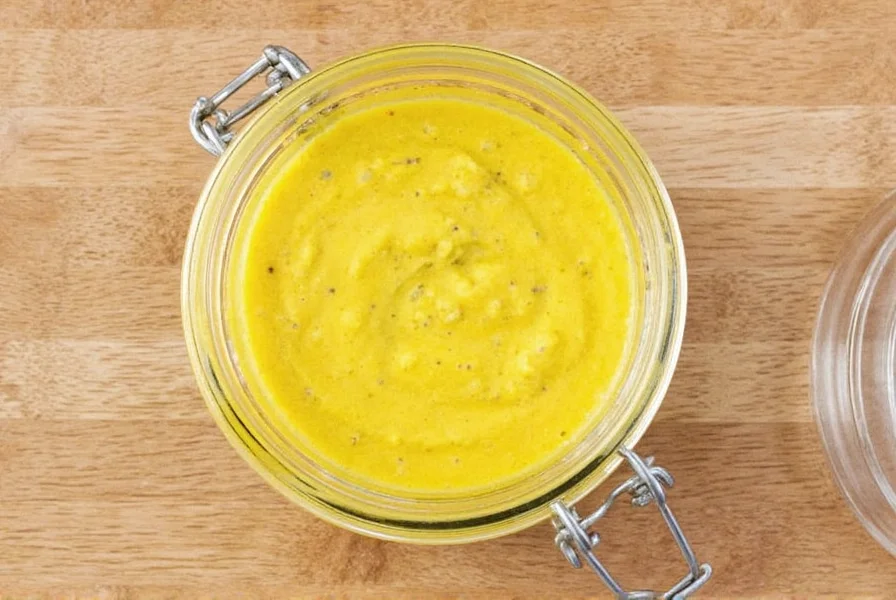 Homemade mustard jars with different varieties labeled, showing golden yellow, brown Dijon, and whole grain textures