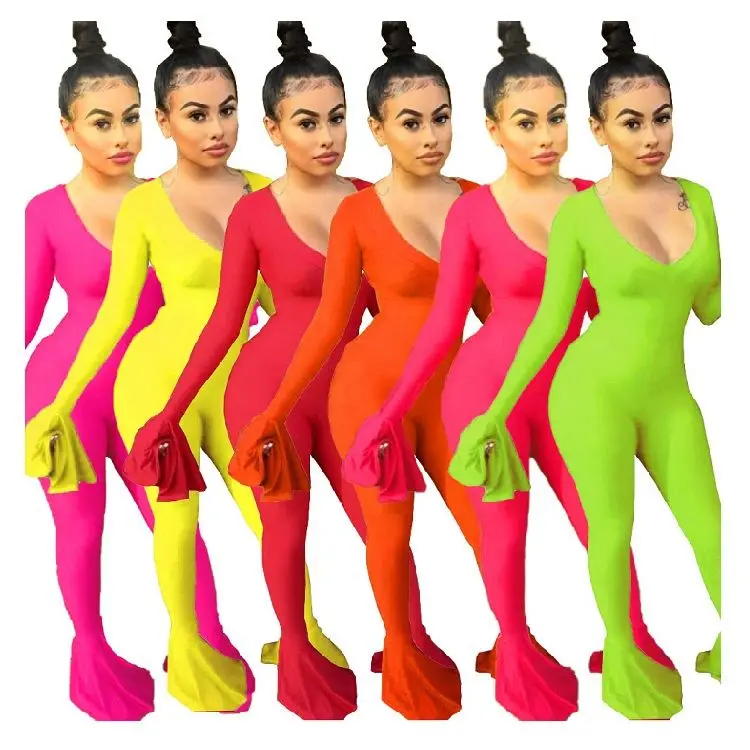 11AF423 new style 6 colors v neck flared cute Bodycon Casual Long Sleeve Jumpsuit