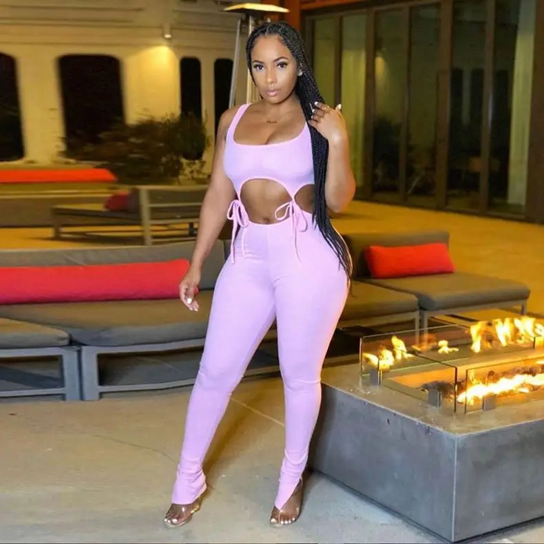 

Wholesale 2020 New Summer Trendy Women Ladies Sport One Piece Spaghetti Strap Fitness Bandage Cut Out Bodycon Jumpsuit, Photo shows