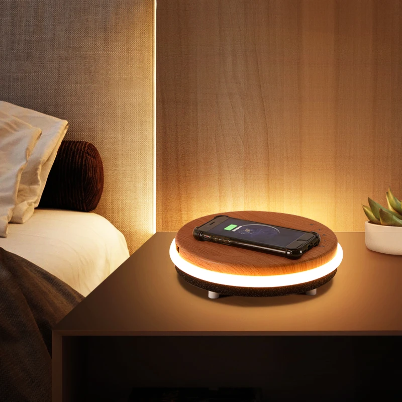 

christmas gift brightness adjustable wireless charging bedside wood desk lamp led wireless charger speaker portable