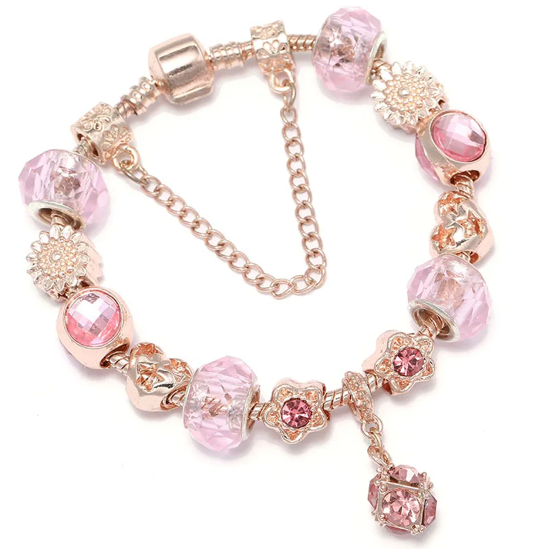 

DIY Jewelry Rose Gold Plated Geometric Cubic Zirconia Charms Bracelet Pink Crystal Flower Beaded Bracelet For Gift