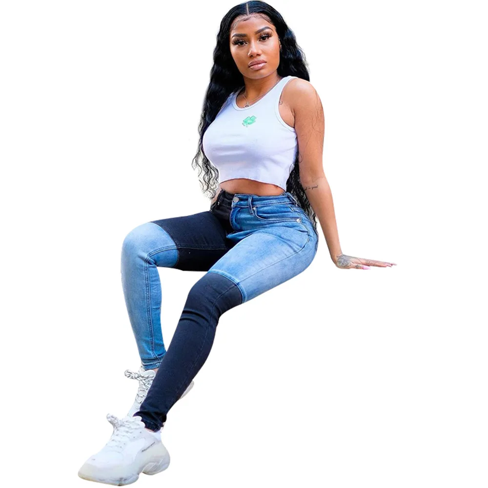 

2021 fashion Splicing Contrast denim women's jeans women patchwork jeans denim, Blue black
