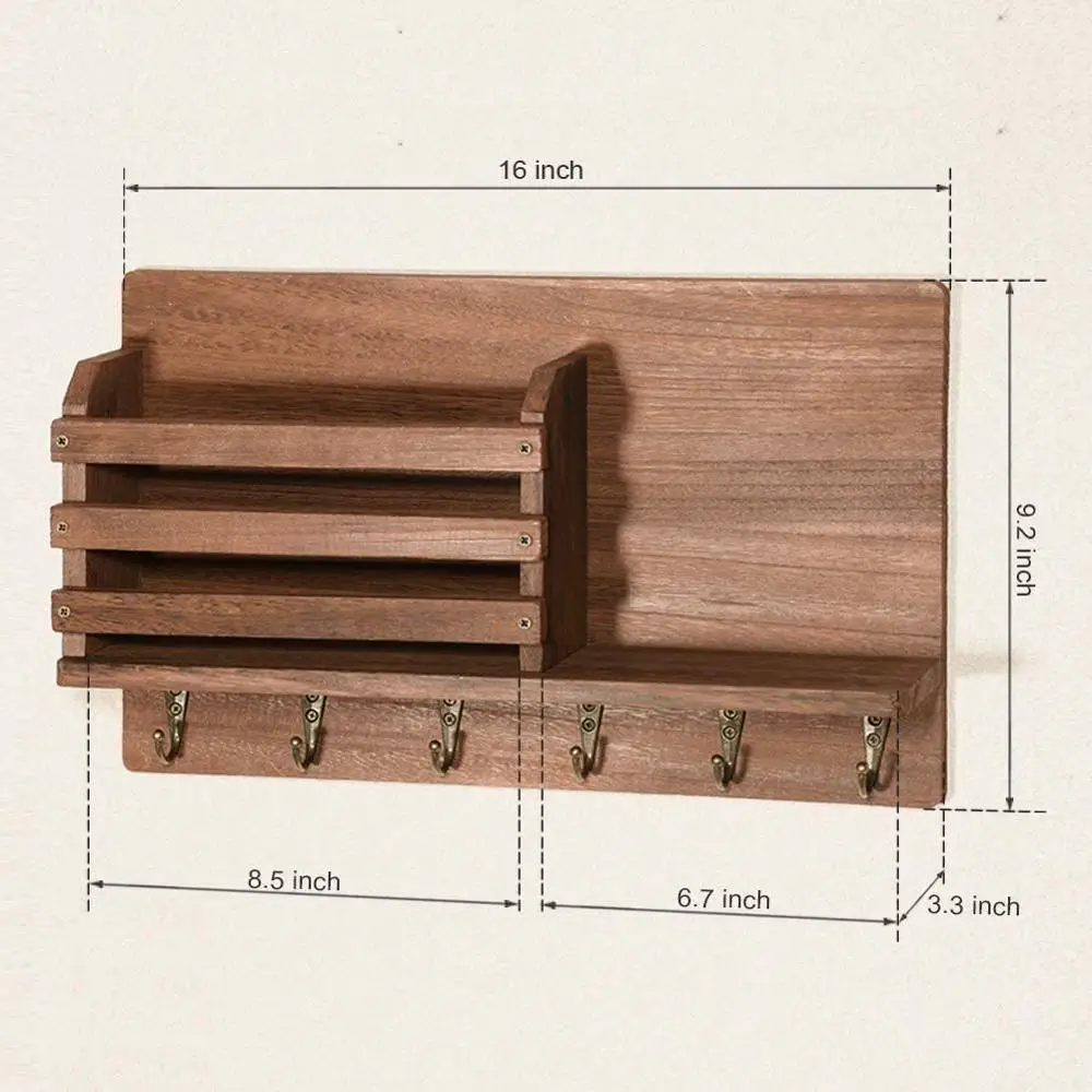Entryway Mail Envelope Organizer Wall Mounted With 6 Key Hooks,Rustic