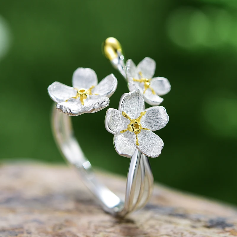 OEM Good Price Pure 9 14 18K Gold Plated S925 Sterling Silver Jewelry Handmade flower Adjustable Rings For Women Luxury Wedding