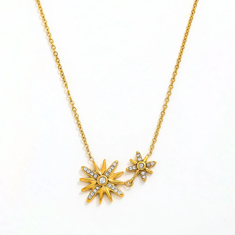 Joolim  Zirconia Shining Starburst Double Flower Pendant Necklace Stainless Steel Necklace Jewelry Wholesale