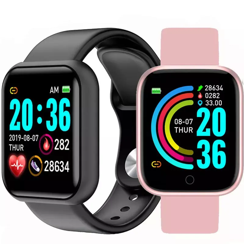 

2021 Best Sell Y68 Smart watch Waterproof Smartwatch With Blood Pressure And Heart Rate also have D20 watch, Black white pink