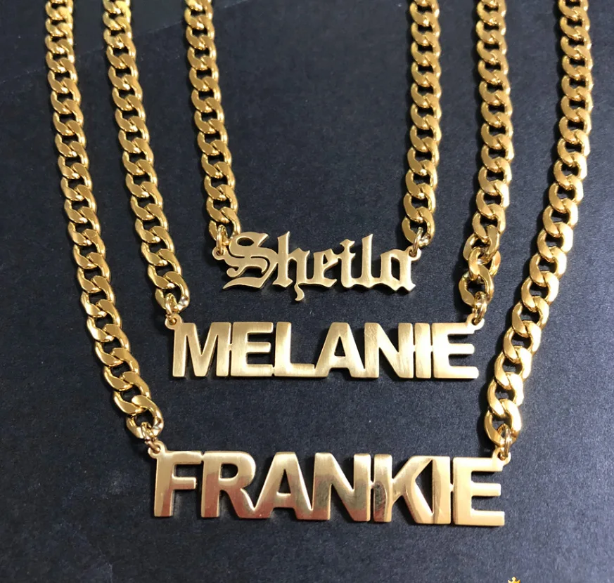 

Women Jewelry Set Stainless Steel Gold Silver Personalized Custom Nameplate Letter Cuban Chain Necklaces, Customized