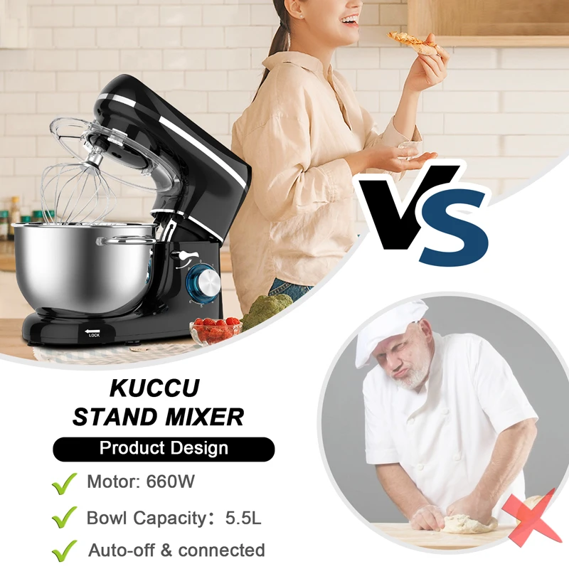 Kuccu Stand Mixer, 6 Qt 660W, 6-Speed Tilt-Head Food Dough Mixer, Kitchen  Electric Mixer with Stainless Steel Bowl,Dough Hook,Whisk, Beater, Egg  white separator (6-QT, Black-1) 