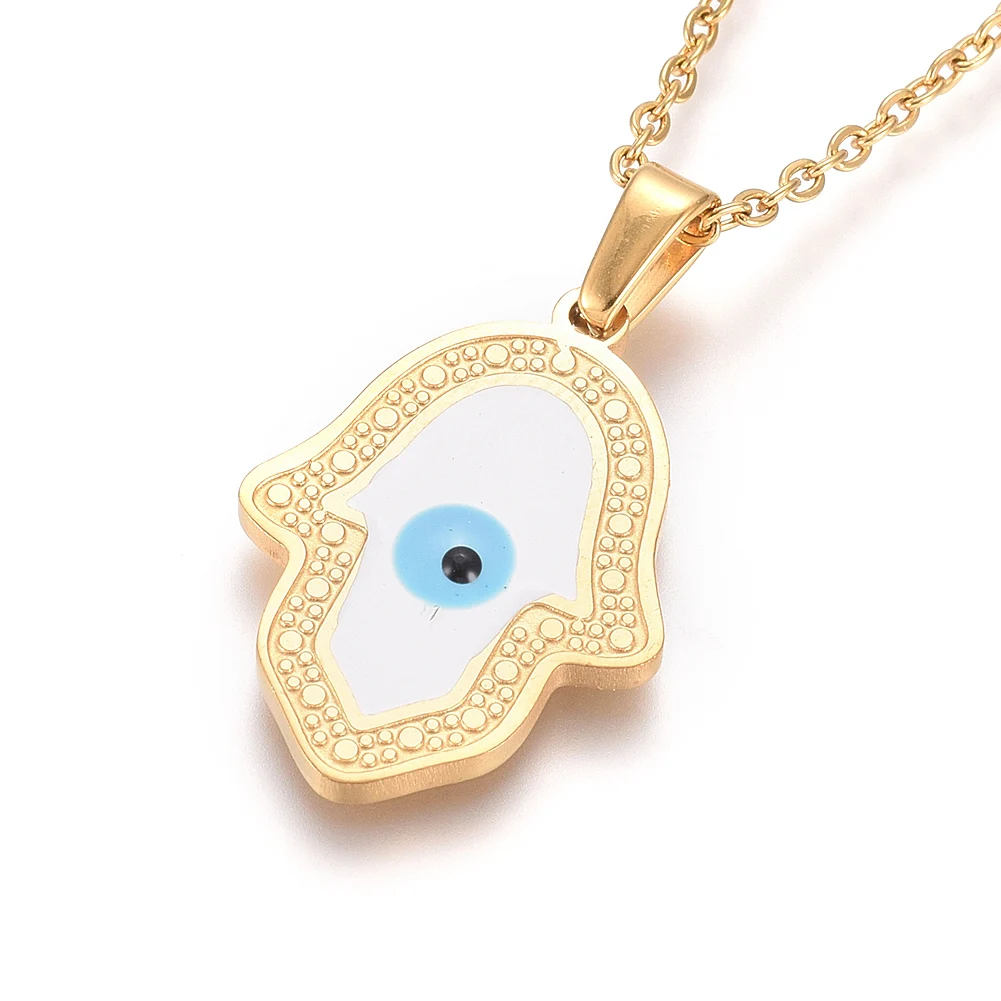 

Pandahall 304 Stainless Steel Hamsa Hand with Eyes Enamel Pendant Necklaces, Golden