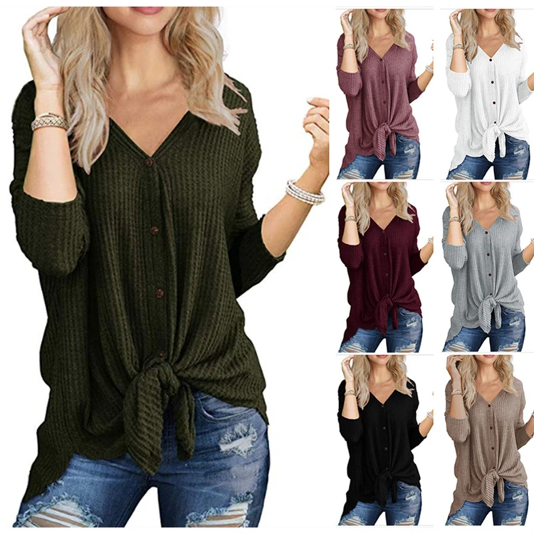 

2020 new arrivals clothing Womens Waffle Knit Tunic Blouse Tie Knot Henley Tops Loose Fitting Bat Wing Plain Shirts, Customized color/as show