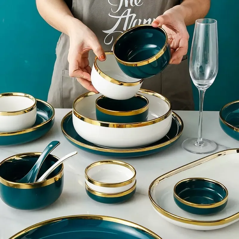 

HY Nordic Light luxury golden border ceramic dishes tableware high grade peacock green wedding dinnerware set steak plate