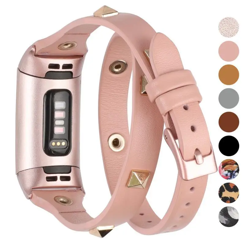 

Double Loop With Rivet Leather Watch Wrist Band Studded Leather Watch Strap Compatible with fibit charge3 watch bands, Black pink brown blue