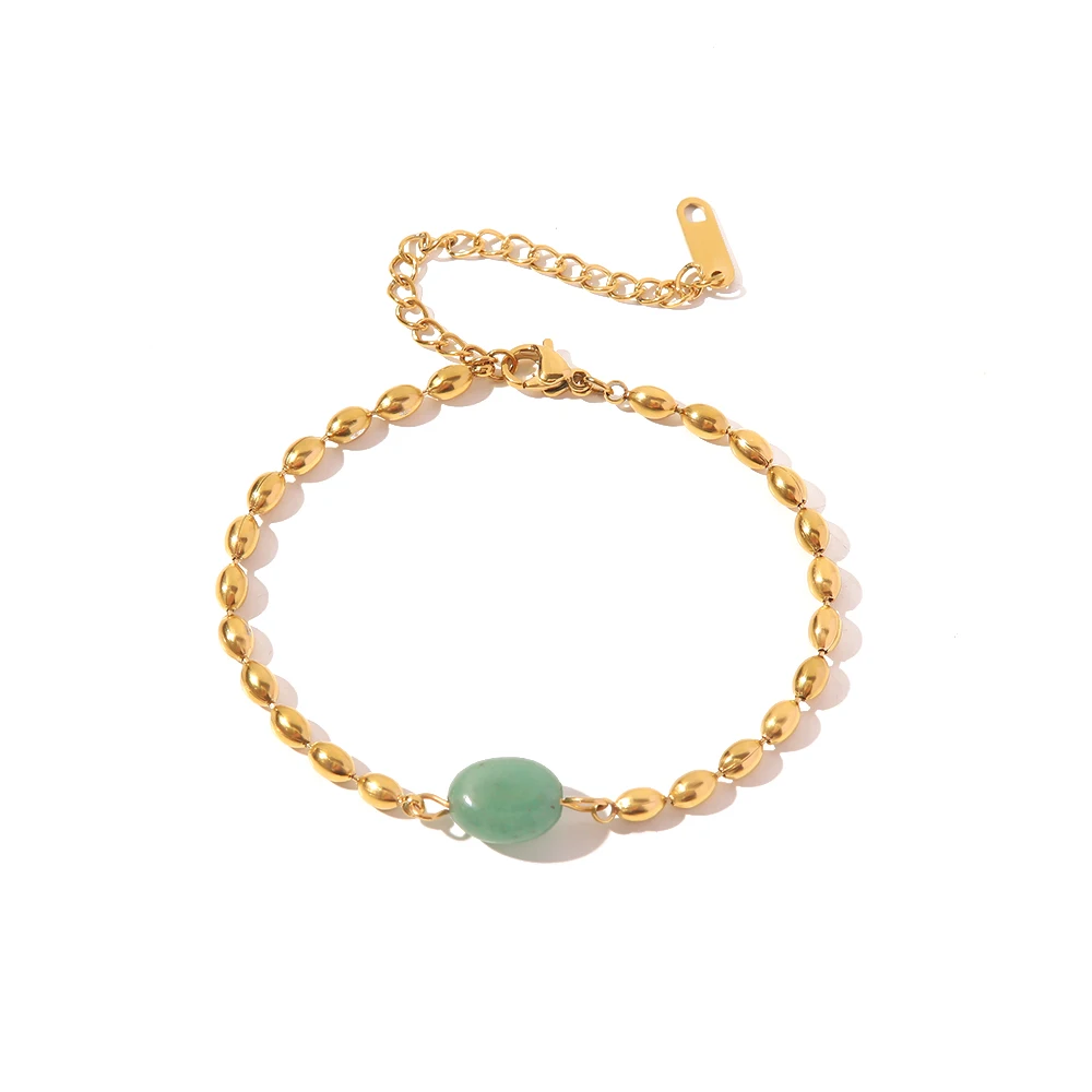 

Stainless Steel 18K Gold Plated Jewelry Green Natural Stone Oval Golden Bead Bracelet For Women