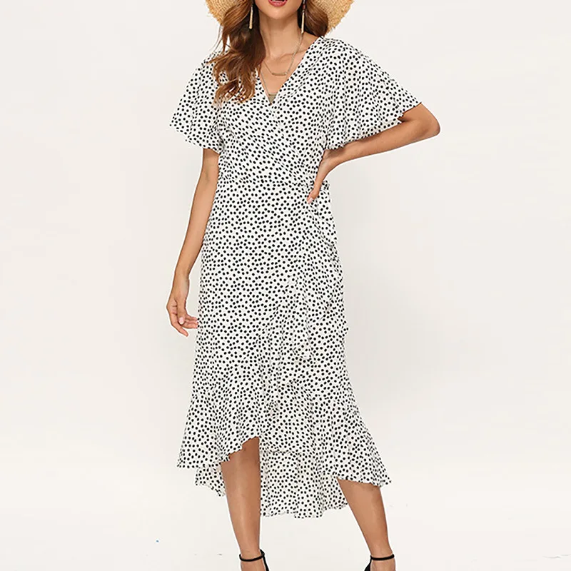 

Sexy Women Dresses Hip High Waist Ribbed Collage Sleeve Floral Print V-Neck Dot Casual Chiffon Boho Sexy Maxi Dress Women