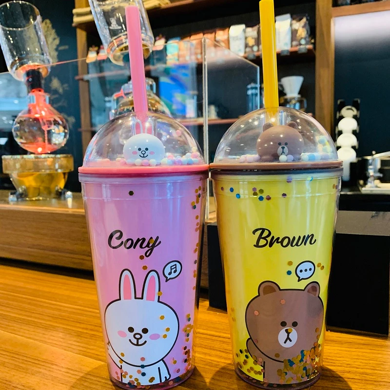 

Cony and Brown LINE Friends Tumbler with Straw drink cup, Pink and yellow