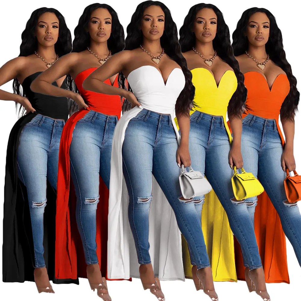 

Womens Fashion Tops Deep V Sexy Strapless High Low Cloak Back Ladies Elegant Top Quality Top Wholesale Summer Clothes RS00355